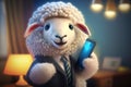 Funny sheep dressed in a suit and tie talking on a mobile phone like a businessman