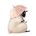 Funny sheep sitting with umbrella, summer clipart, watercolor style illustration with cartoon character Royalty Free Stock Photo