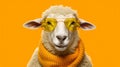 Funny sheep in sunglasses in trendy style on yellow background. Portrait summer. Pet care, generated AI