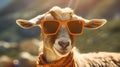 Funny sheep in sunglasses in trendy style on yellow background. Portrait summer. Pet care, generated AI