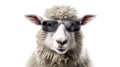 Funny sheep in sunglasses in trendy style on yellow background. Portrait summer. Pet care, generated AI