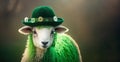 Funny sheep wearing a hat decorated with a shamrock on blurred background. Animal celebrating Saint Patrick day. Generative AI Royalty Free Stock Photo