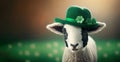 Funny sheep wearing a hat decorated with a shamrock on blurred background. Animal celebrating Saint Patrick day. Generative AI Royalty Free Stock Photo