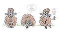 Funny sheeps illustration with sleeping and sitting sheep, sheep with flower and piece of wool