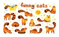 Funny shy cats, set of illustrations color characters isolated on a white background. Flat hand drawn cartoon