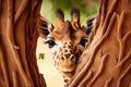 Funny shy giraffe hiding and peeking out from behind a tree