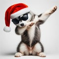 Funny siberian husky puppy wearing a santa claus hat and sunglasses, doing the Dab dance