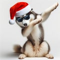 Funny siberian husky wearing a santa claus hat and sunglasses, doing the Dab dance