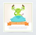 Funny sick green monster with thermometer, happy monsters banner cartoon vector element for website or mobile app