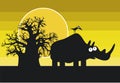 Funny silhouettes of african rhinoceros and bird