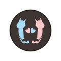 Funny silhouettes of cats in love. Couple of kittens and hearts on round background.