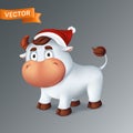 Funny silver Ox animal in red Santa`s hat. Symbol of the year in the Chinese zodiac calendar. 3d cartoon vector illustration of