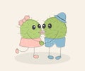 Funny simple naive cute cactus kissing pair:girl with pink bow and boy with blue hat.For decoration of children t-shirts,dresses,