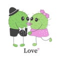 Funny simple naive cute cactus kissing pair:girl with pink bow and boy with navy hat.For decoration of children t-shirts,dresses, Royalty Free Stock Photo