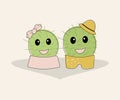 Funny simple naive cute cactus pair:girl with pink bow and boy with yellow hat.For decoration of children t-shirts,dresses,