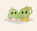 Funny simple naive cute cactus pair:girl with pink bow and boy with yellow hat.For decoration of children t-shirts,dresses,