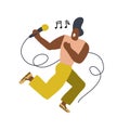 Funny singer with a microphone, made in doodle style. Single Man dancing and singing on stage. Vector flat illustration