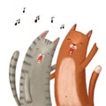 funny singing cats in spring, comic illustration with cartoon characters