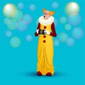 Funny singing clown with an accordion on a turquoise background.