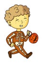 Funny skeleton boy child halloween costume on white Royalty Free Stock Photo