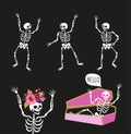 Funny skeletons in different poses with speech bubbles. Vector illustrations for halloween design.