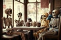 funny skeletons relax with friends in cafe