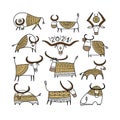 Funny sketch bull collection. Lunar horoscope sign. Happy new year 2021. Bull, ox, cow. Template for your design -