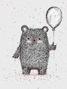 Funny Sketched Fluffy Bear with Air Balloon in the Confetti Rain..