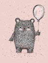 Funny Sketched Fluffy Bear with Air Balloon in the Confetti Rain.