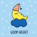 Funny sketching sleeping moon and stars. Vector cartoon illustration background