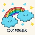 Funny sketching smiling clouds and rainbow. Vector cartoon illus