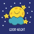 Funny sketching smiling moon and stars. Vector cartoon illustration background. Good night card