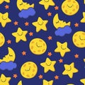 Funny sketching smiling star and sleeping moon. Vector seamless