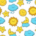 Funny sketching star, sun, cloud, moon. Vector seamless cartoon Royalty Free Stock Photo