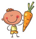 Funny sketchy kid with vegetable - carrot. Bector clipart illustration