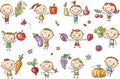 Funny Sketchy Kids with Fruits and Vegetables