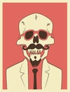 Funny skull hipster character with a mustache and beard. Typographic retro Halloween poster. Vector illustration.