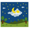 Funny sleeping moon and smiling stars