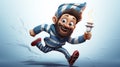 Funny sleepy beard man in pajamas as cartoon character running with a torch in his hand