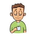 Funny sleepy guy with a cup of morning coffee. Cartoon design icon. Flat vector illustration. Isolated on white