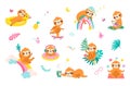 Funny sloth characters swimming and sleep. Cute cartoon sloths, wild exotic animal relax and reading. Jungle animals for