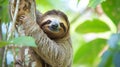 .Funny sloth hanging tree branch, perfect portrait of wild animal in the Rainforest Generative Ai Royalty Free Stock Photo