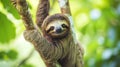 .Funny sloth hanging tree branch, perfect portrait of wild animal in the Rainforest Generative Ai Royalty Free Stock Photo