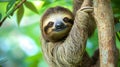 .Funny sloth hanging tree branch, perfect portrait of wild animal in the Rainforest Generative Ai Royalty Free Stock Photo