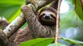 .Funny sloth hanging tree branch, perfect portrait of wild animal in the Rainforest Generative Ai Royalty Free Stock Photo