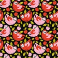 Funny sloth holding red cherry hand drawn seamless pattern. Summer background with a cute wild animal and berries. Bear characters Royalty Free Stock Photo