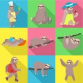 Funny sloth icon set, flat style