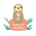 Funny sloth in jungles sitting on suitcase