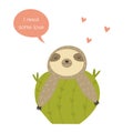 Funny Sloth laying on cactus. Adorable cartoon animal