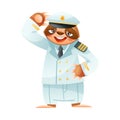 Funny Sloth Mammal as Captain Wearing Professional White Uniform Saluting Vector Illustration